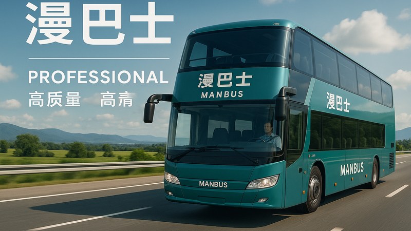 漫巴士城市漫游巴士行驶在黄昏的城市道路上